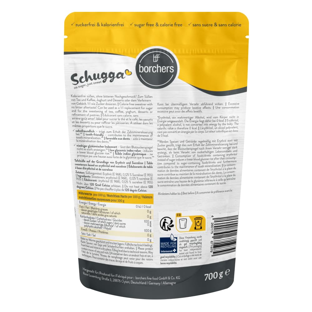 borchers Schugga 700 g | Fara zahar, doar dulce | geanta XXL | Eritritol cu îndulcitor cristalin de sucraloză | Alternativa zahărului | Îndulcitor | Fără calorii | 0,7 kg