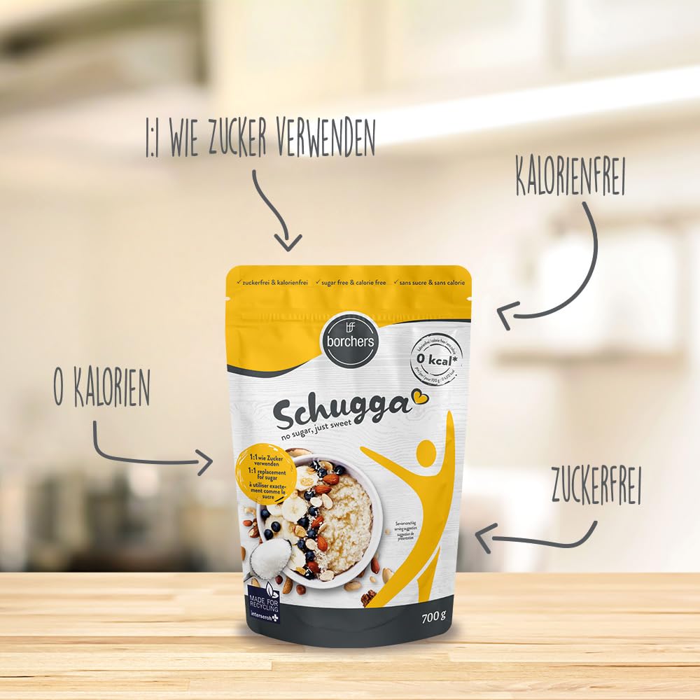 borchers Schugga 700 g | Fara zahar, doar dulce | geanta XXL | Eritritol cu îndulcitor cristalin de sucraloză | Alternativa zahărului | Îndulcitor | Fără calorii | 0,7 kg