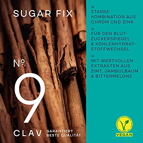 CLAV® N°9 SUGAR FIX – Zimtkapseln mit 400 mg Zimtextrakt, 40 μg Chrom & 10 mg Zink pro Tagesdosis plus Beta-Glucan, Jambulbaum und Bittermelone – Blutzuckerausgleich – 60 Kapseln – vegan