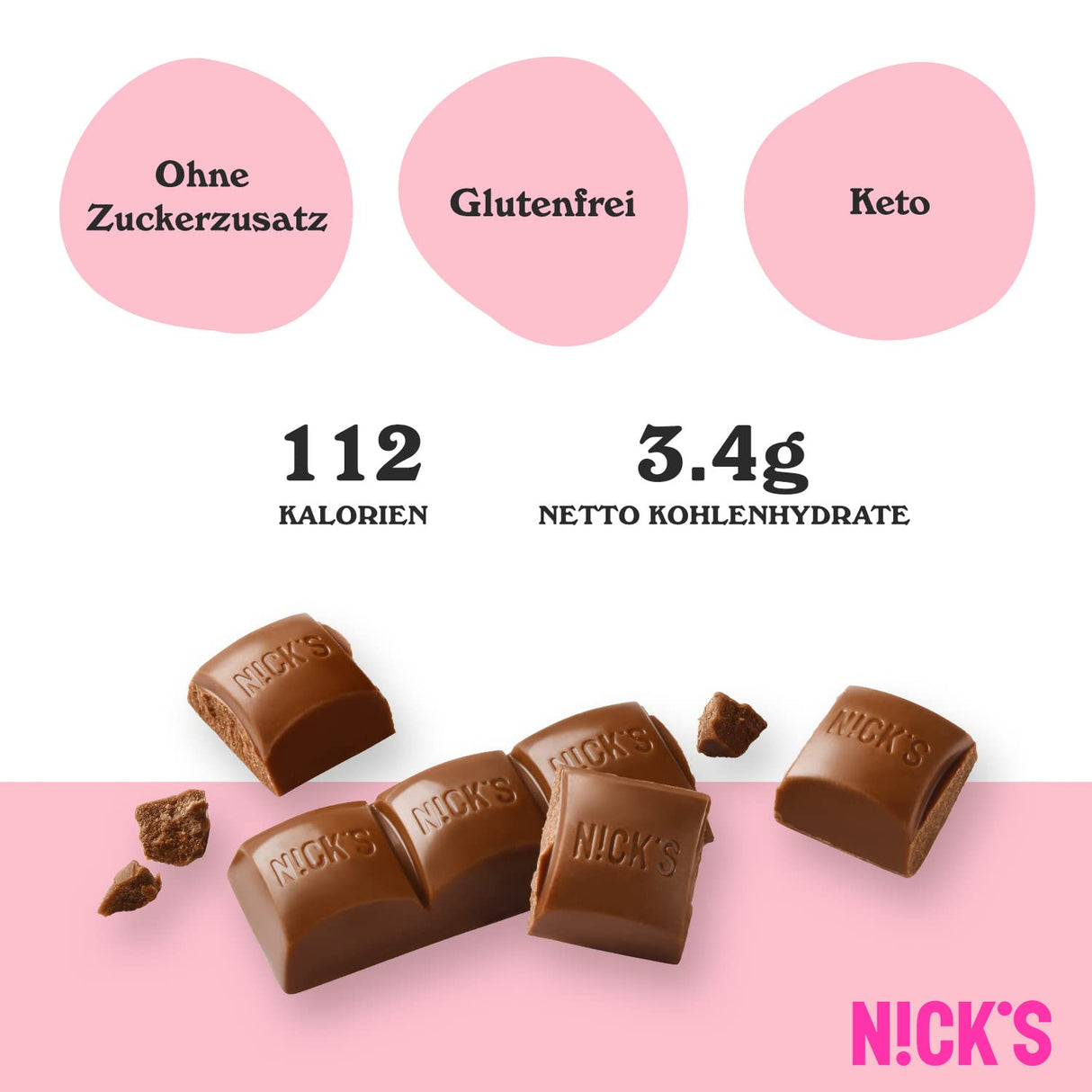 Nicks Milk Chocolate Keto Bar senza zucchero aggiunto, 112 kcal, carboidrati netti da 3,4 g, dolci a basso contenuto di carboidrati, snack bar senza glutine (15x25g)