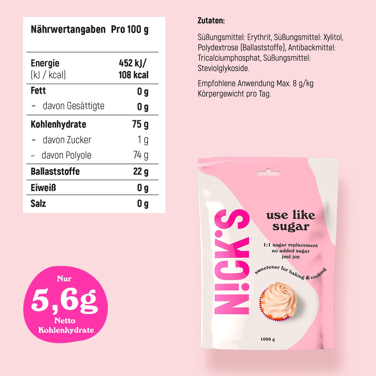 Nicks använder som socker, lågkalorisockerersättning, perfekt lågkolhydratbakningssötningsblandning av xylitol, erytritol, stevia och polydextros | Keto | Vegan (1 kg)