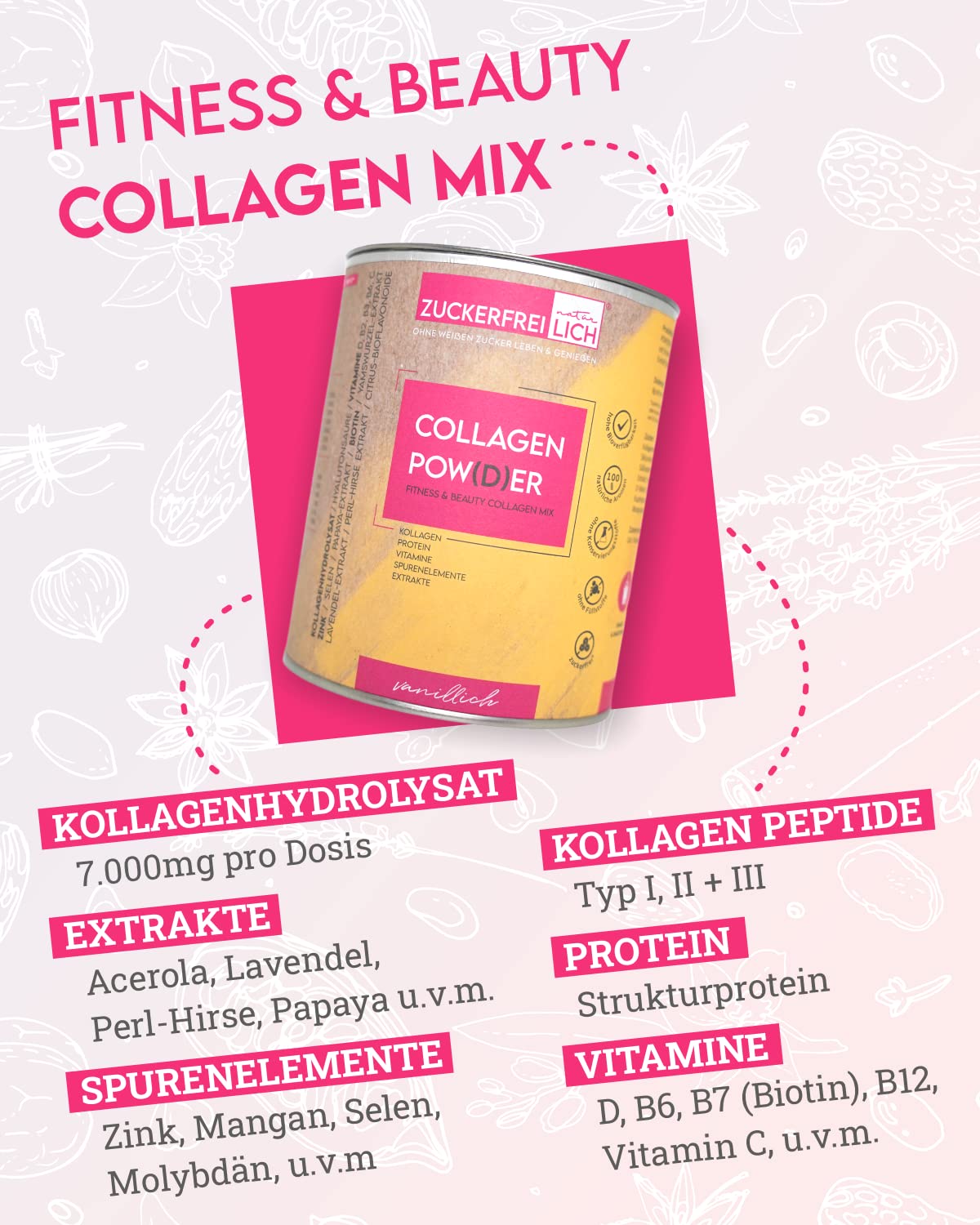 Zuckerfreilich Collagen Pulver Kokos 240g Ohn Zucker, Kollagen MIT Vitaminen, Zuckerfraies Protein und Spurenelement, Hochdosiert MIT 7000 mg Kollagenhydrolysat Pro Portion