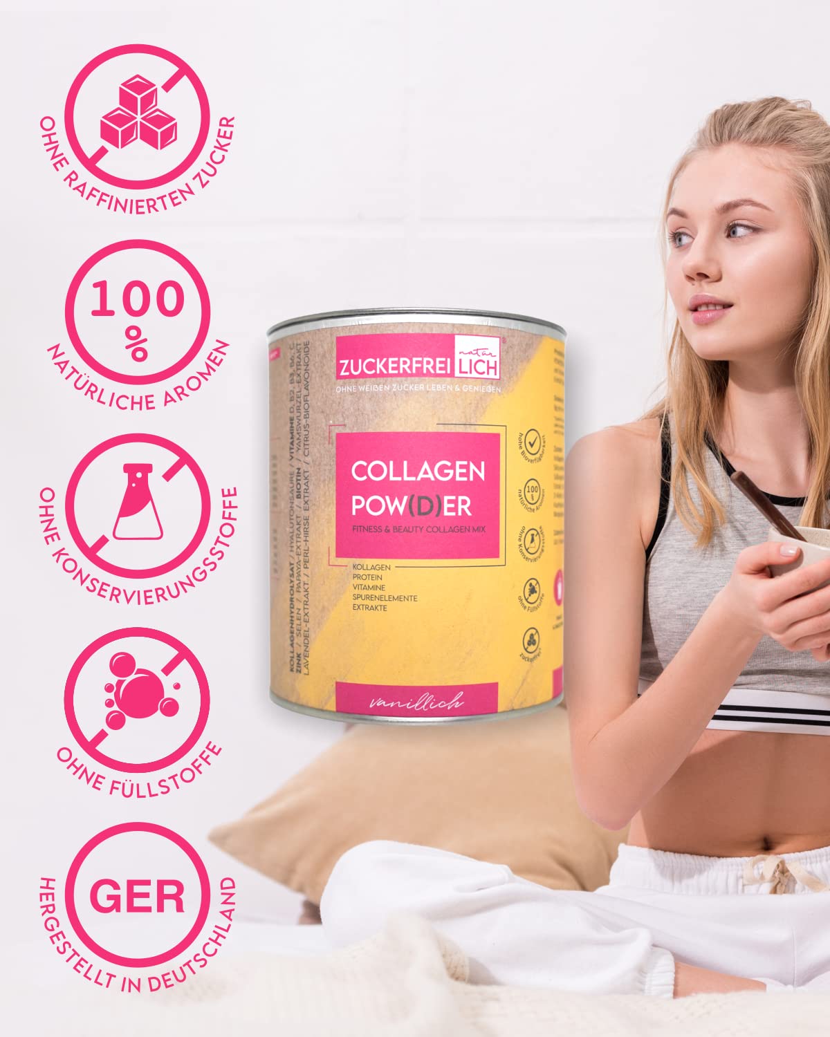 Zuckerfreilich Colagen Pulver Kokos 240G Ohne Zucker, Kollagen MIT Vitaminen, Zuckerfreies Protein und Spacerenelementen, Hochdosiert MIT 7.000 mg Kollagenhydrolysat Pro Portion pro