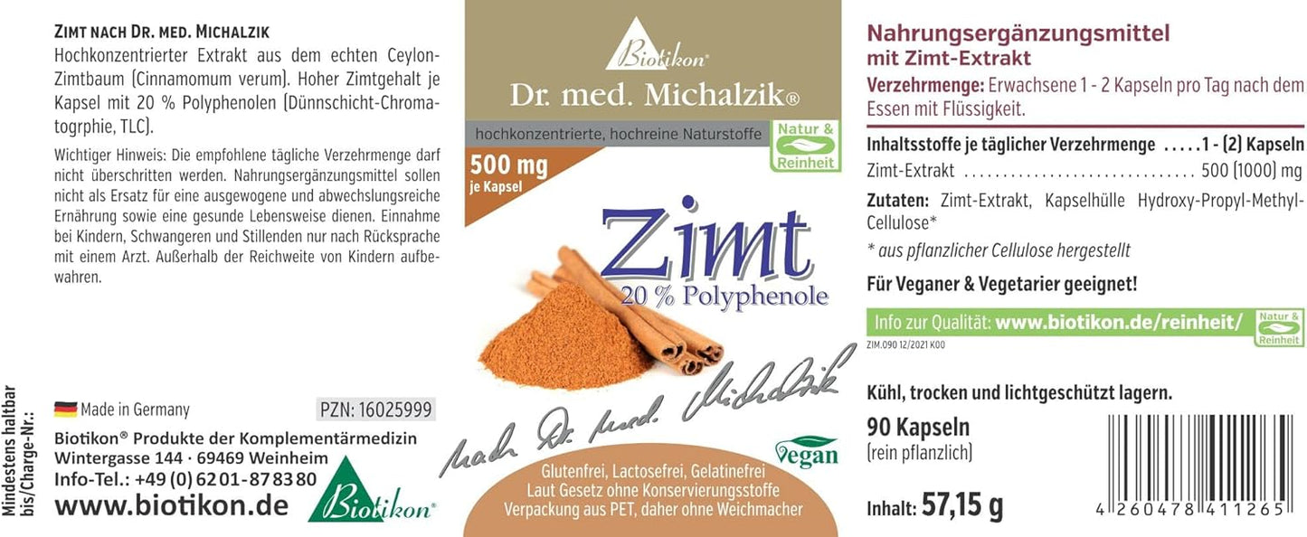 Ceylon Cinnamon Dr. Med. Michalzik - per kapsel [500 mg] kanel + [20%] polyfenoler - finaste extrakt från det verkliga Ceylon Cinnamon -trädet - utan tillsatser - från BioTikon®