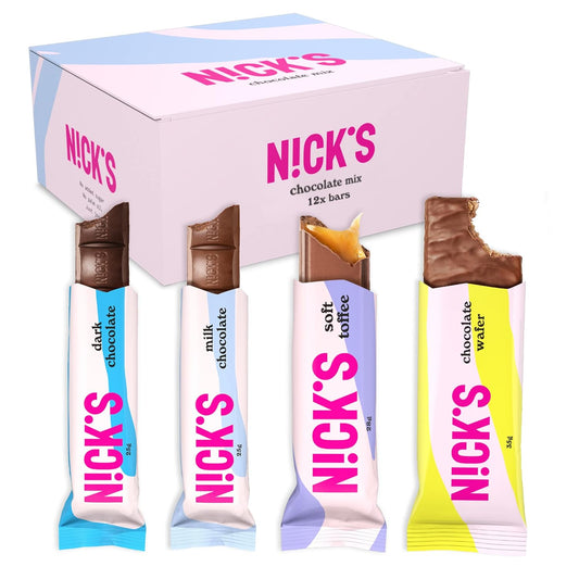 Nicks Chocolate Keto Bars Mezcla de chocolate con barras de chocolate sin azúcar agregada, dulces de bajo carbohidratos (12 barras de bocadillos)