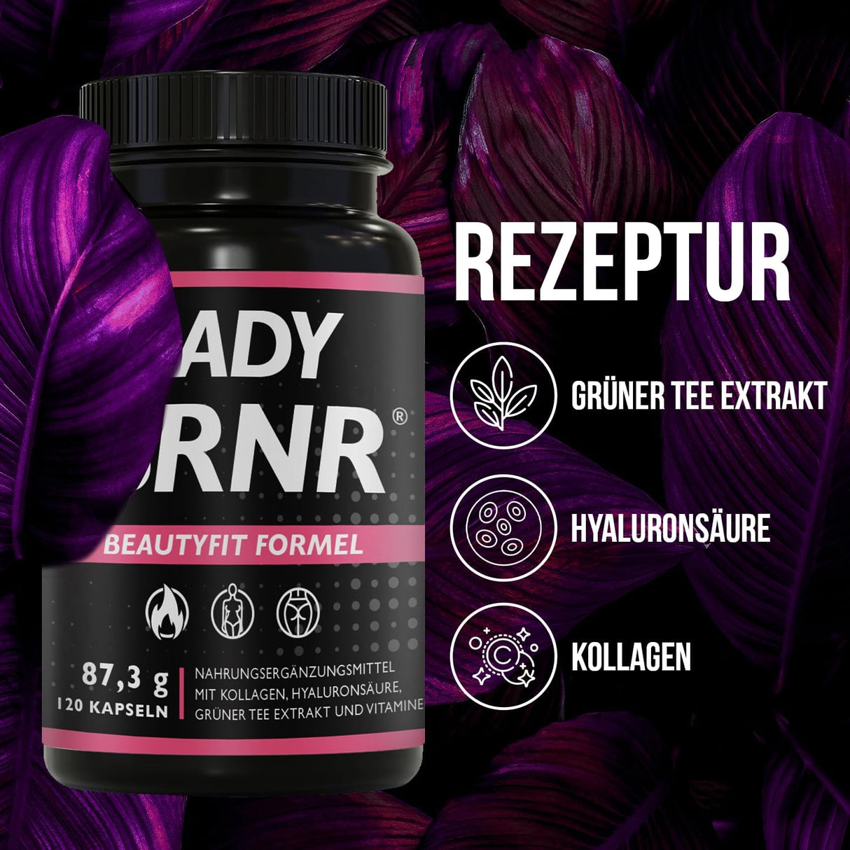 BRNR LADY BRNR – BeautyFit Stoffwechselformel mit Vitamin B6, Bindegewebe mit Kupfer, Kollagen, hochdosierte Hyaluronsäure, Biotin, 120 Kapseln