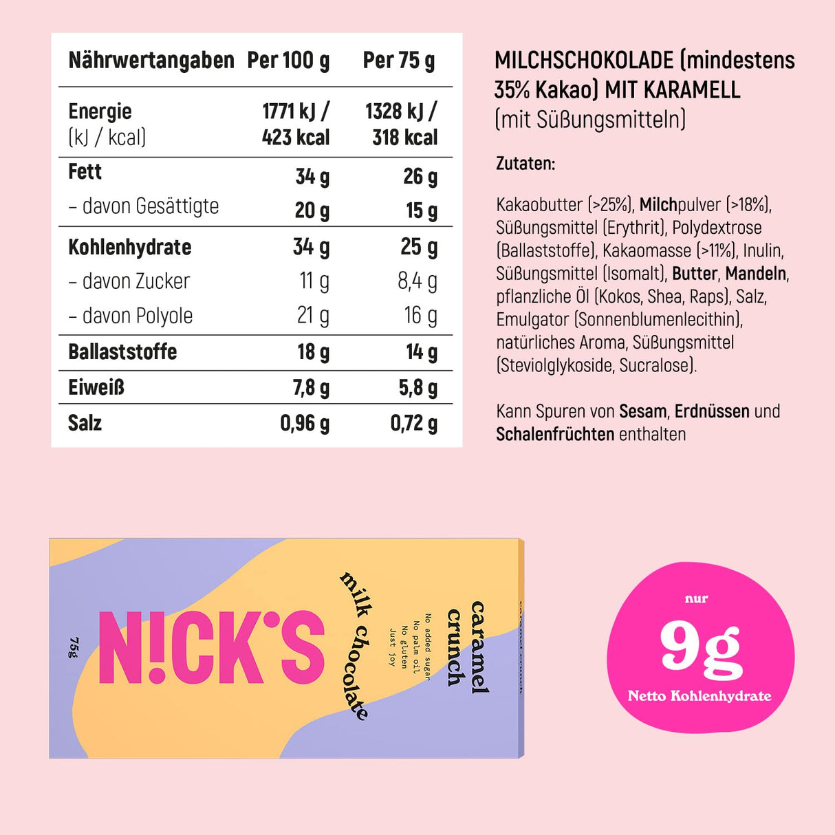 Nicks Milk Chocolate Caramel Crunch Inget tillsatt socker, glutenfri, lågkolhydrat, ingen palmolja, keto chokladkakor (3x75g)