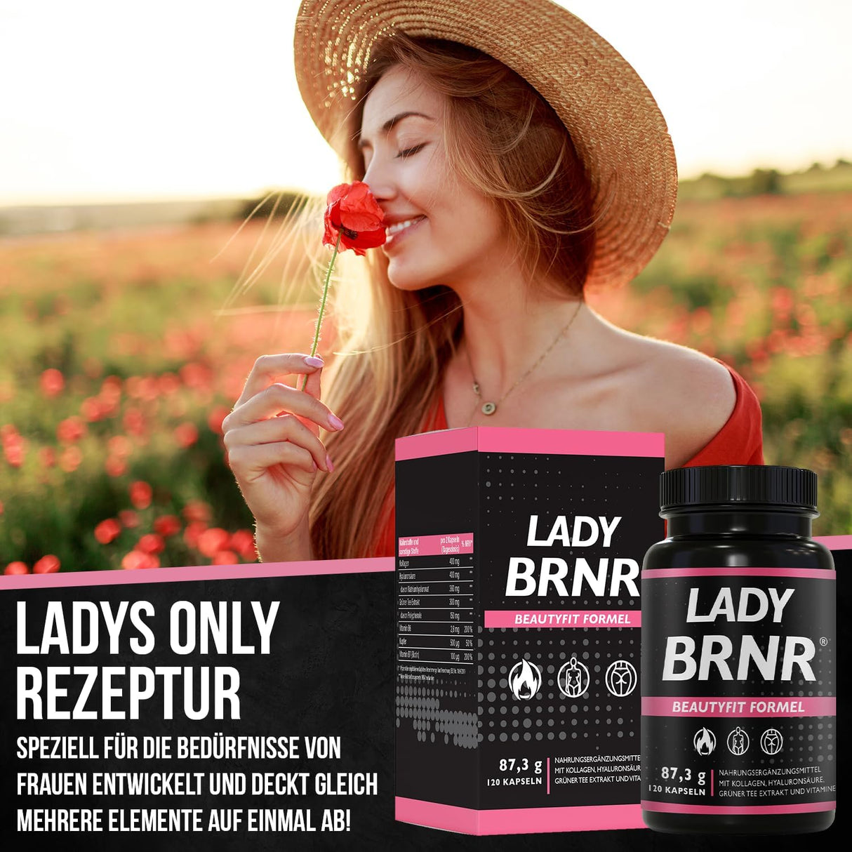 BRNR LADY BRNR - BeautyFit stofskifteformel med vitamin B6, bindevæv med kobber, kollagen, højdosis hyaluronsyre, biotin, 120 kapsler