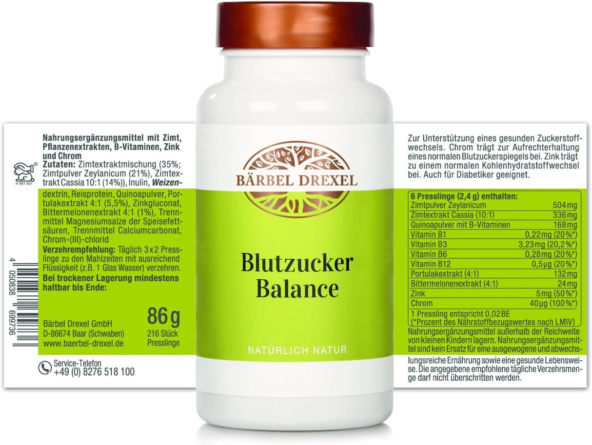 Bärbel Drexel® Balance de azúcar en la sangre Cápsulas Regulat (216 PC) 100% Vegano Hecho en Alemania Complejo único: Magnesium Cinnamon Zinc Cromo Parcolualización Melón amargado, nivel de azúcar en la sangre