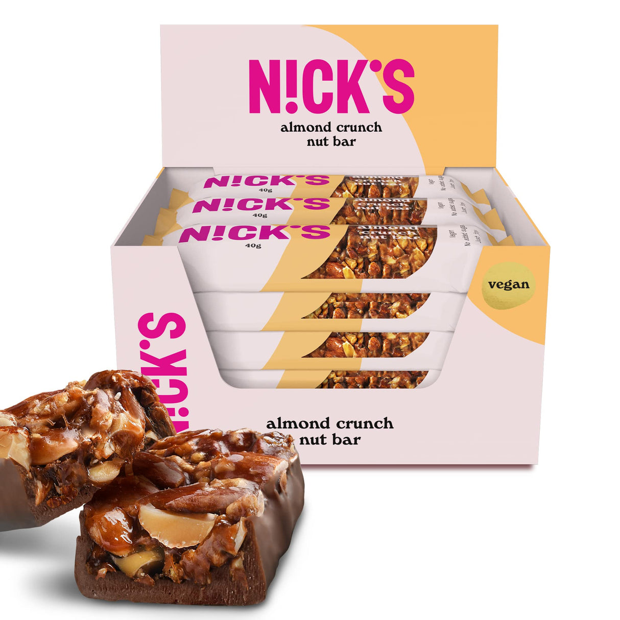 Nicks Keto Bar Almond Crunch, Vegan Chocolate Almond Nut Bar, 173 kalorier, 2,8 nettokolhydrater, inget tillsatt socker, glutenfri, lågkolhydrat godis (12x40g)