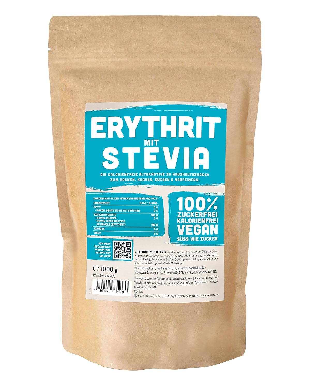 Erythritol + Stevia naturligt sockerersättning utan kalorier 1: 1 Sötma jämfört med socker, ingen smak av sitt eget, hälsosamma alternativ för matlagning, bakning, sötning (1 kg dopack)