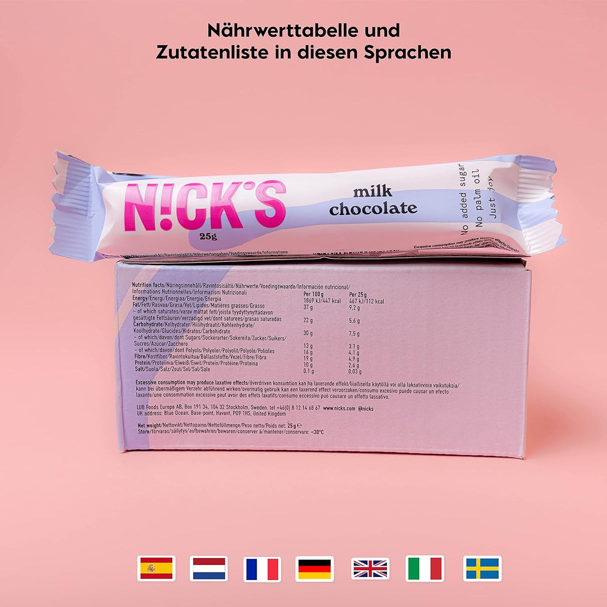 Nicks Milk Chocolate Keto Bar senza zucchero aggiunto, 112 kcal, carboidrati netti da 3,4 g, dolci a basso contenuto di carboidrati, snack bar senza glutine (15x25g)